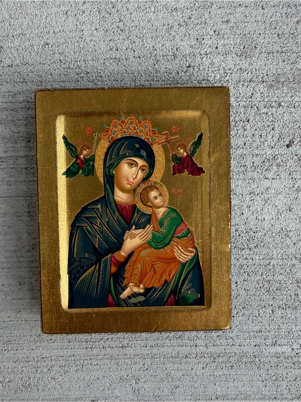 Mary Perpetual Help Icon Serigraph on Wood Byzantine Style Made GreeceGold 5x4